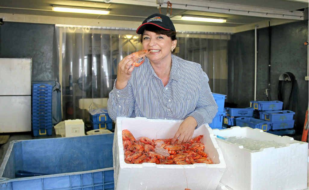 New Clarence River Fishermen’s Co-op boss Danielle Adams gets playful with delicious Yamba prawns. New Clarence River Fishermen’s Co-op boss Danielle Adams gets playful with delicious Yamba prawns.